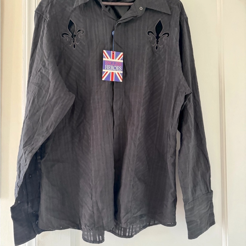 English Heroes Fleur-de-Lis Embroidery Cotton Button Down Shirt Grunge Goth